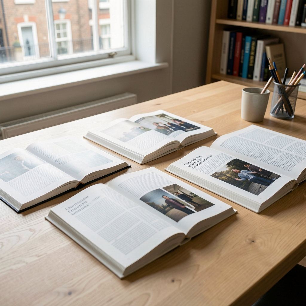 Open books and printed journal pages spread across a pale oak desk, early afternoon light, quiet London workspace, editorial atmosphere