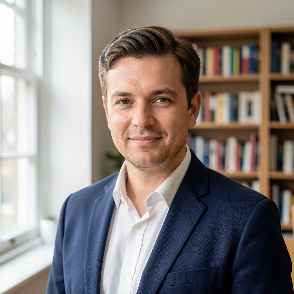 Editorial portrait of a writer in a bright London office, natural light from a tall window, bookshelves in the background, composed and relaxed expression