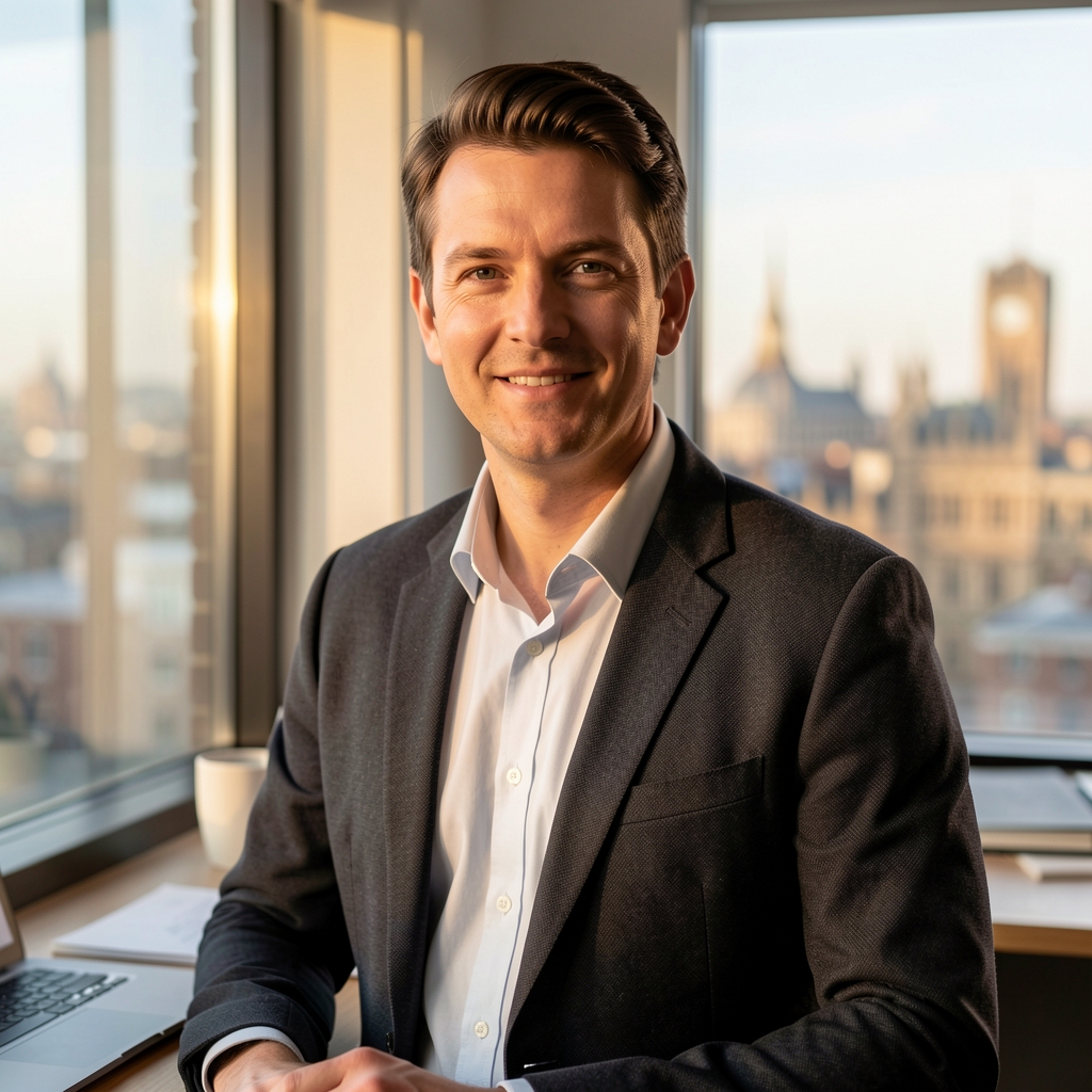 Portrait of a writer at a standing desk near a large window, afternoon light, London skyline partially visible, professional and considered pose