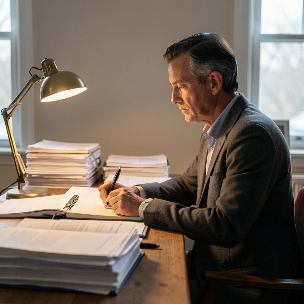 Writer photographed from the side at a long writing table, warm desk lamp light, stacks of printed research papers and open notebooks, concentrated atmosphere