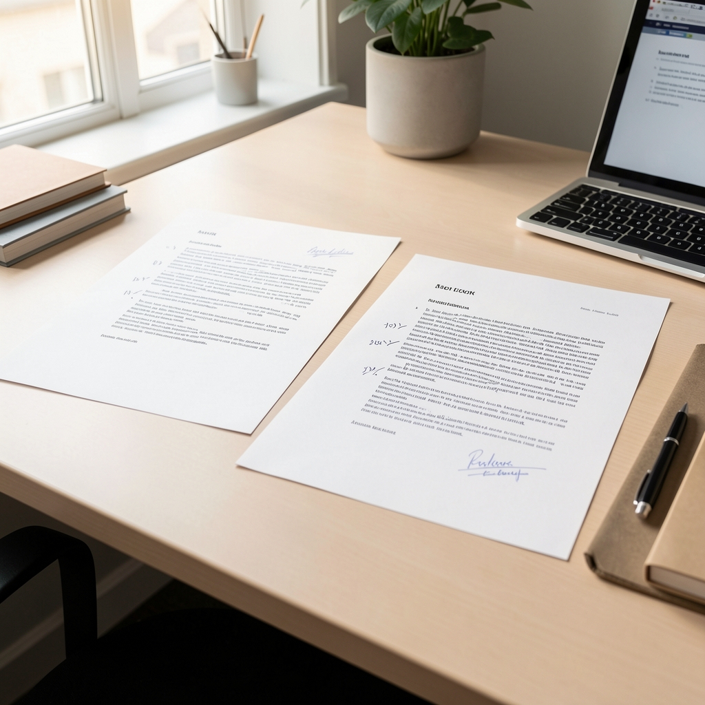 Two printed editorial drafts with handwritten revision marks on a clean desk, morning light, Marven Journal editorial workspace