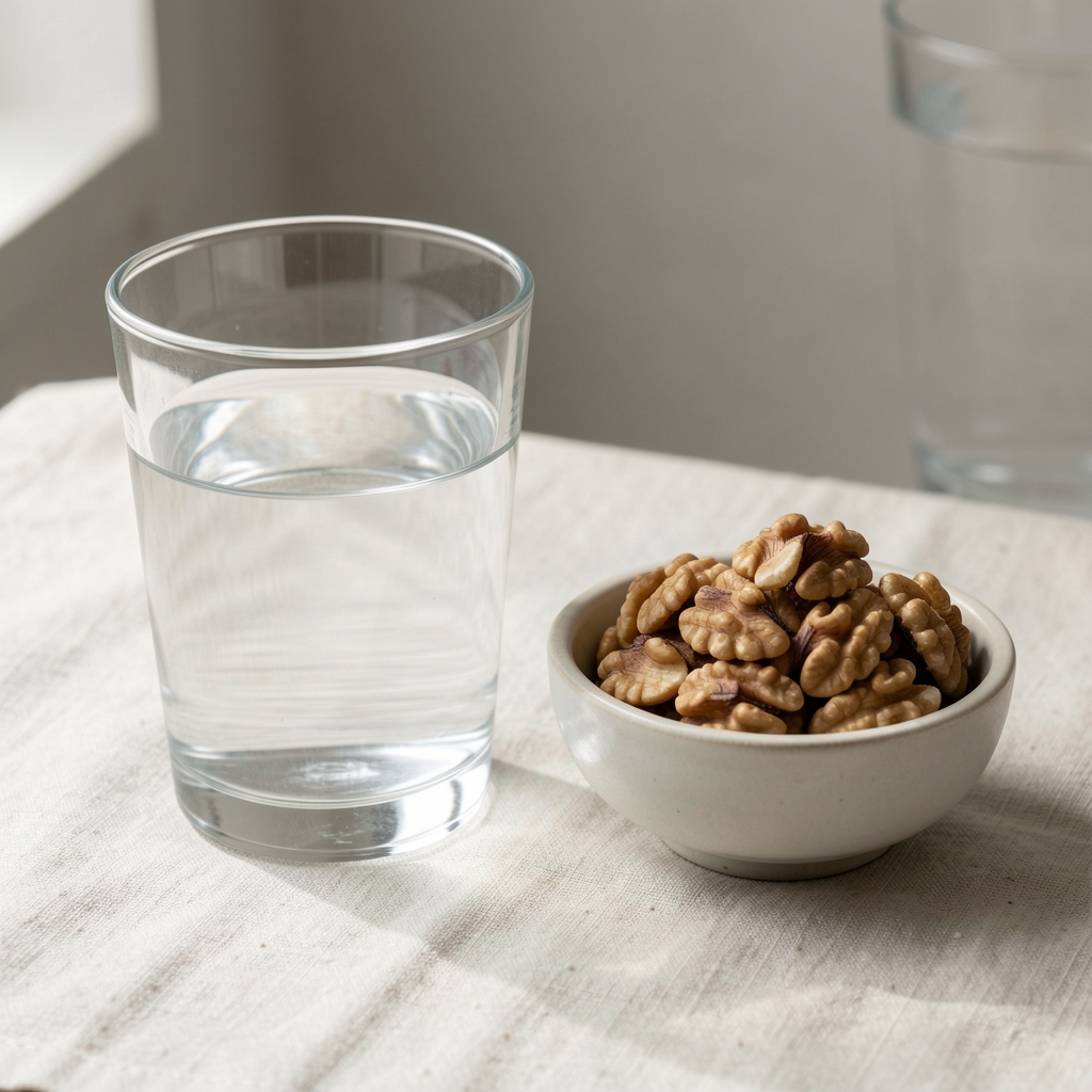 Close-up of a glass of water and a small bowl of walnuts on a pale linen surface, natural light from left, minimal editorial still life