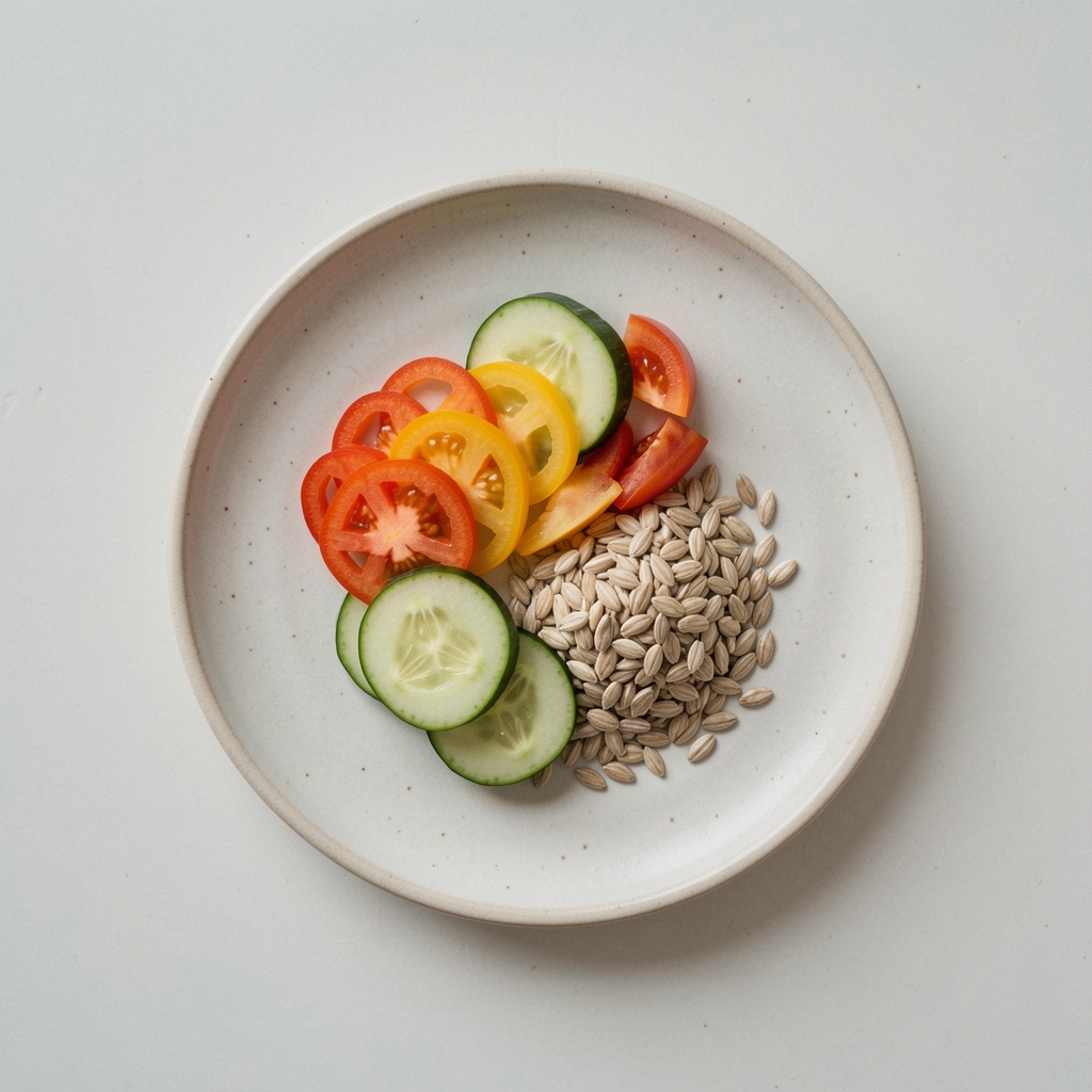Overhead view of a small plate with sliced vegetables and whole grains arranged on a pale ceramic surface, soft natural light, minimal composition