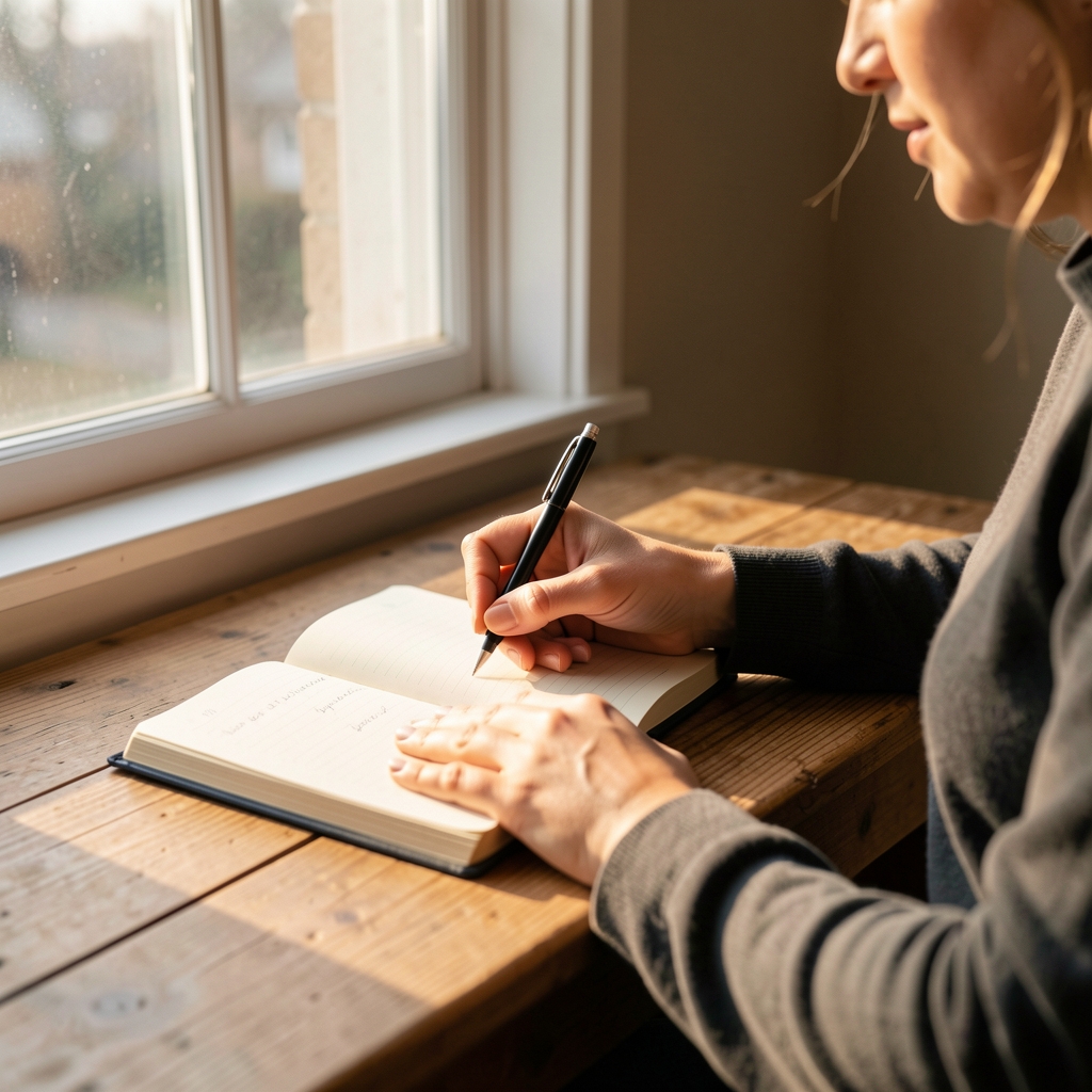 A person writing in a journal beside a window with morning light, notebook open on a wooden table, warm ambient light, editorial lifestyle photograph