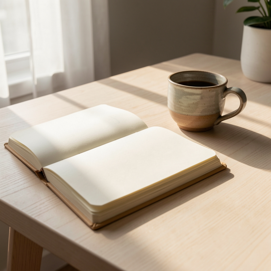 Morning light falling across an open notebook and ceramic cup on a pale wooden desk, quiet domestic still life composition