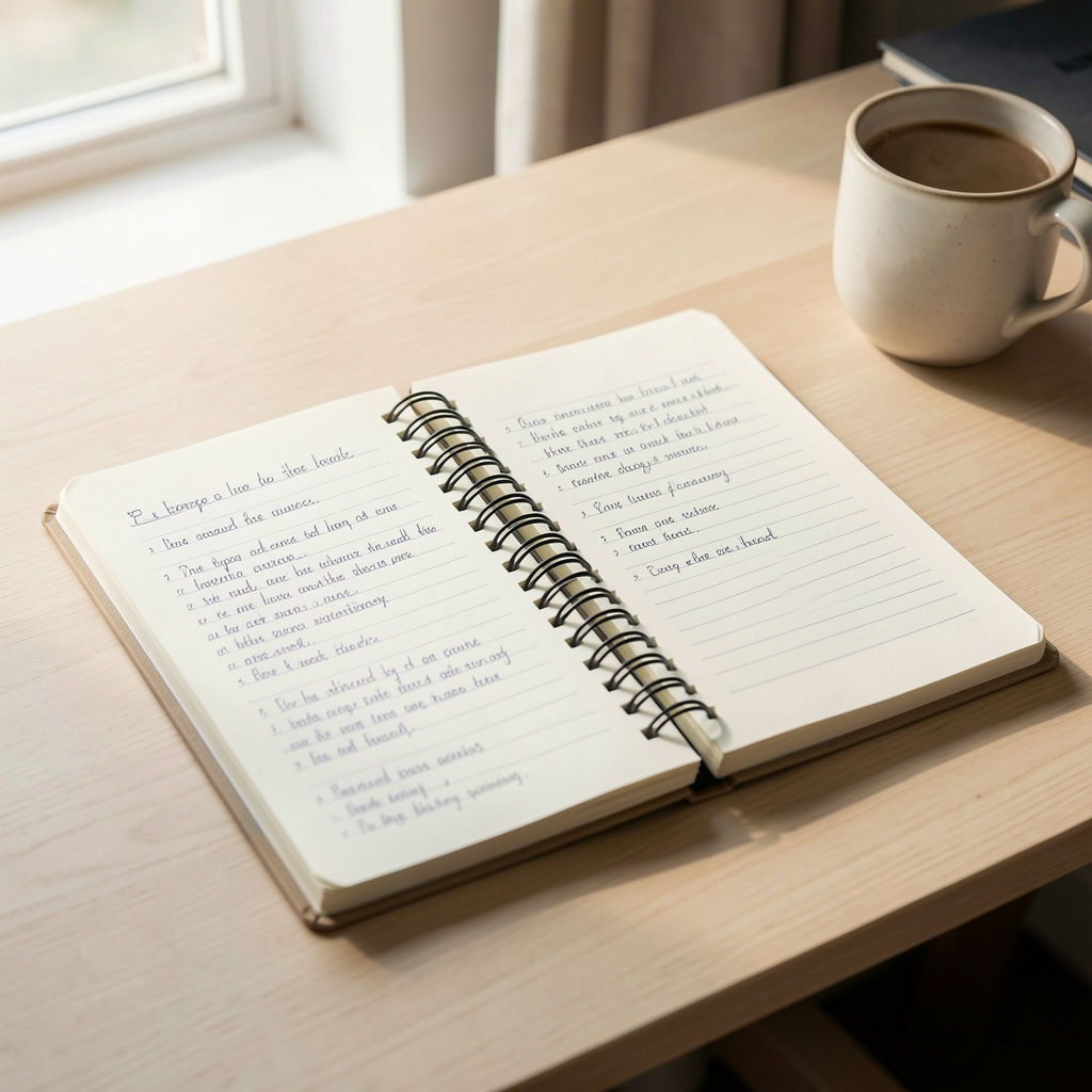 Open spiral-bound notebook with handwritten notes on a pale wooden desk, morning daylight from the side, calm workspace