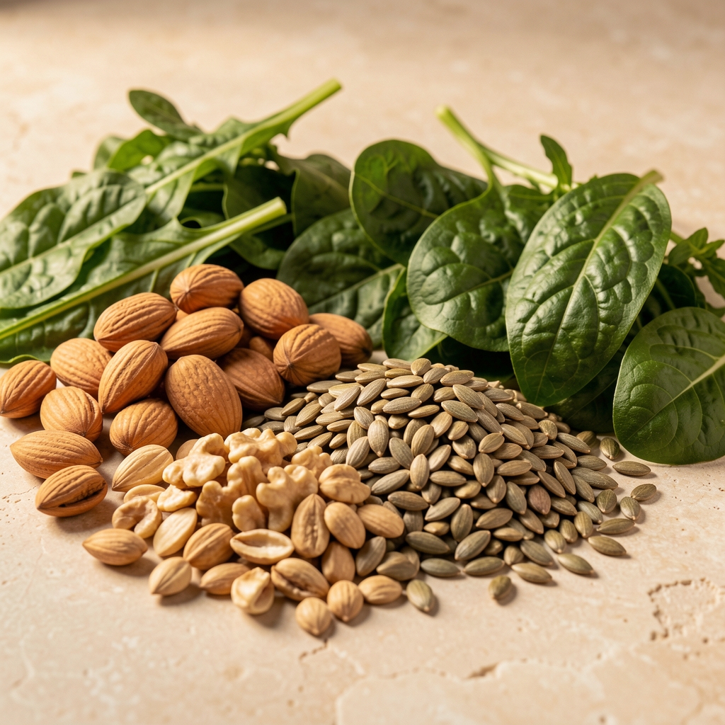 Close-up of various whole foods including nuts, seeds and leafy greens arranged on a pale stone surface, controlled warm lighting, editorial food still life